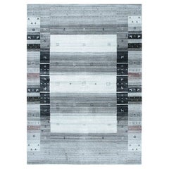 4x6 Gray Handmade Wool Gabbeh Striped Border Motifist Design Carpet Rug