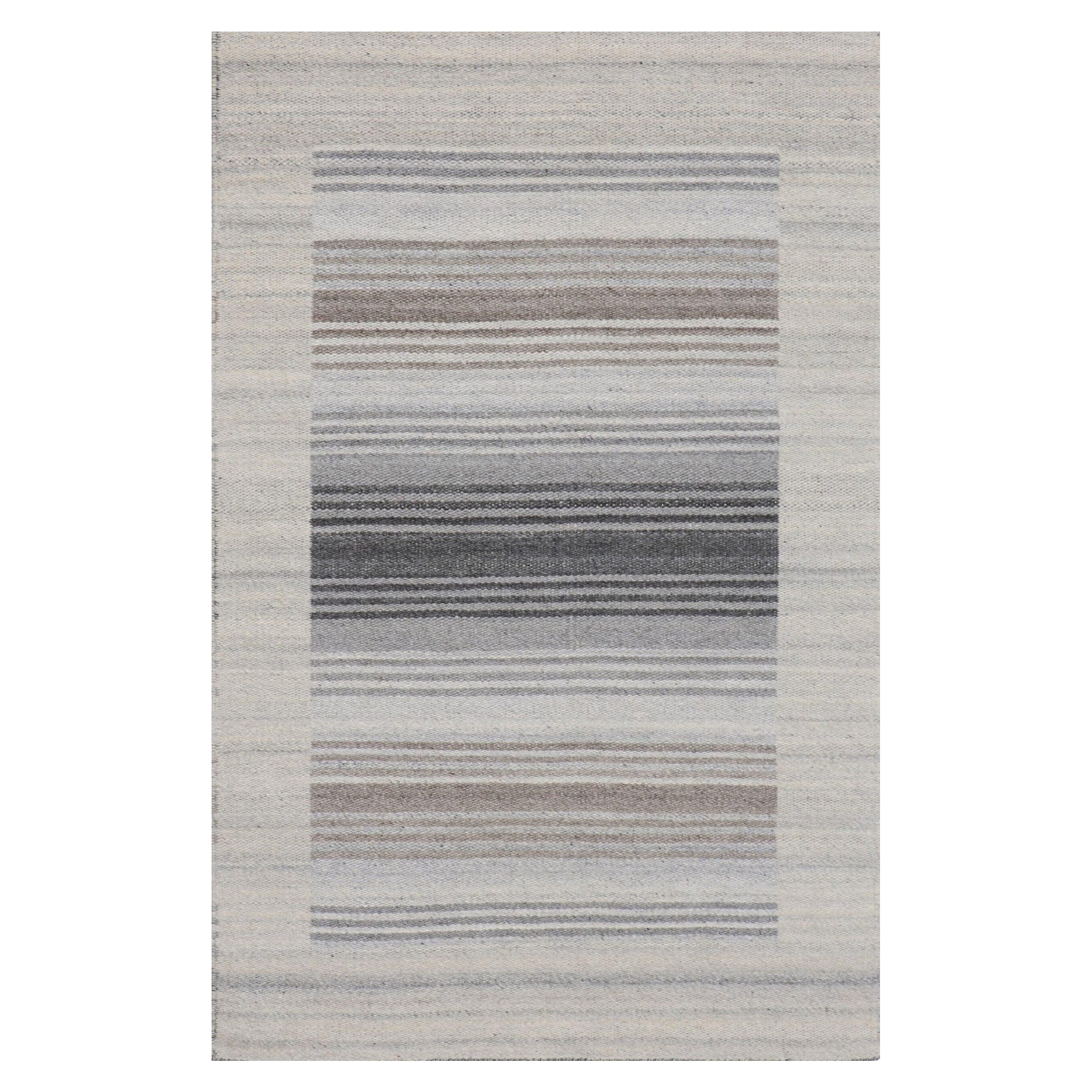 4x6 Gray Handwoven Wool Viscose Subtle Banding Geometric Modern Carpet Rug For Sale