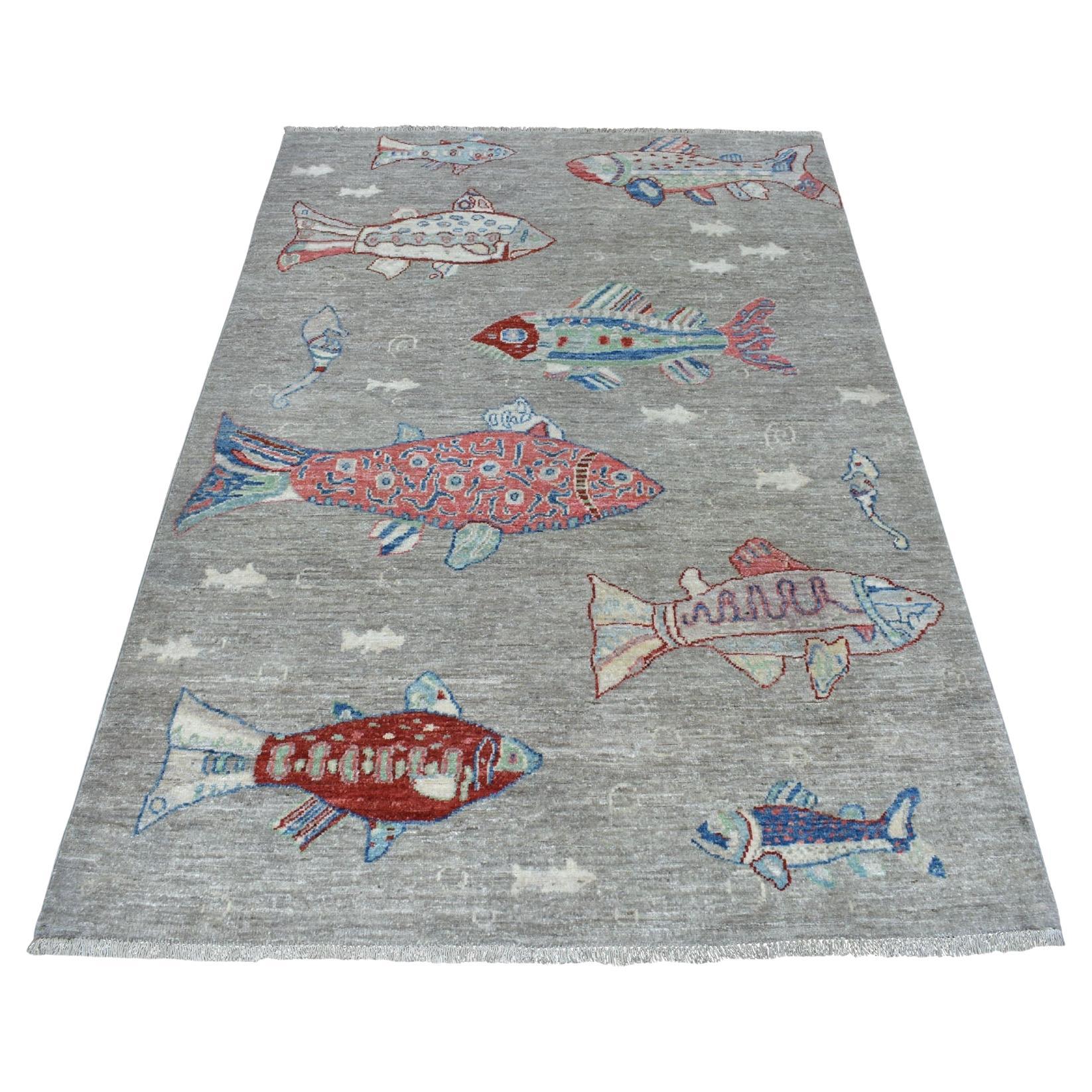 4
x6
 Gray Oceanic Fish Design 100% Wool Afghan Peshawar Hand Knotted Rug For Sale