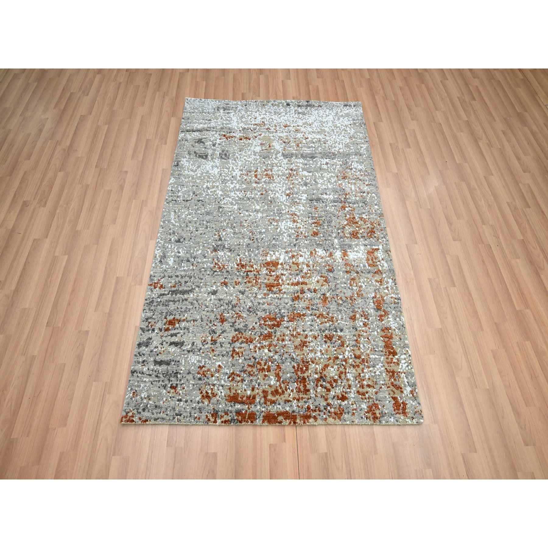 Spanish Gray with Rust, Persian Knot, Abstract with Galaxy Design, Pure Wool, Hand Knotted, Densely Woven, Oriental Rug
Primary materials: Wool
Latex: No Pile 
height: 0.25 Inches
Style: Contemporary
Primary color: Grey
Secondary colors: Charcoal