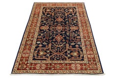 4x6 Hand-Knotted Modern Serapi Style Navy & Terracotta Wool Area Rug