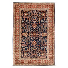4x6 Hand-Knotted Modern Serapi Style Navy & Terracotta Wool Area Rug