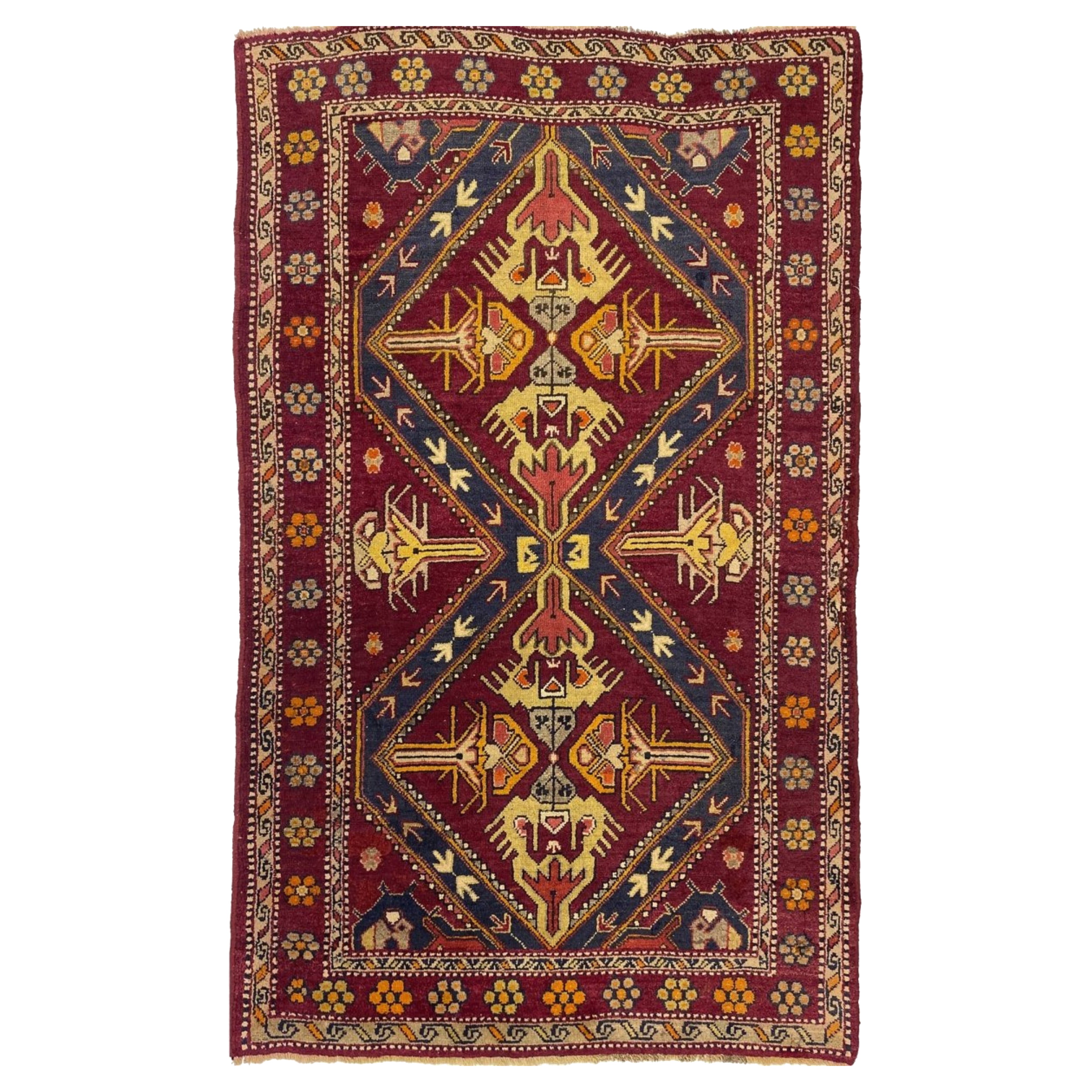 4x6 Hand Knotted Old Turkish Anatolian Area Rug Wool Carpet, Geometric Design