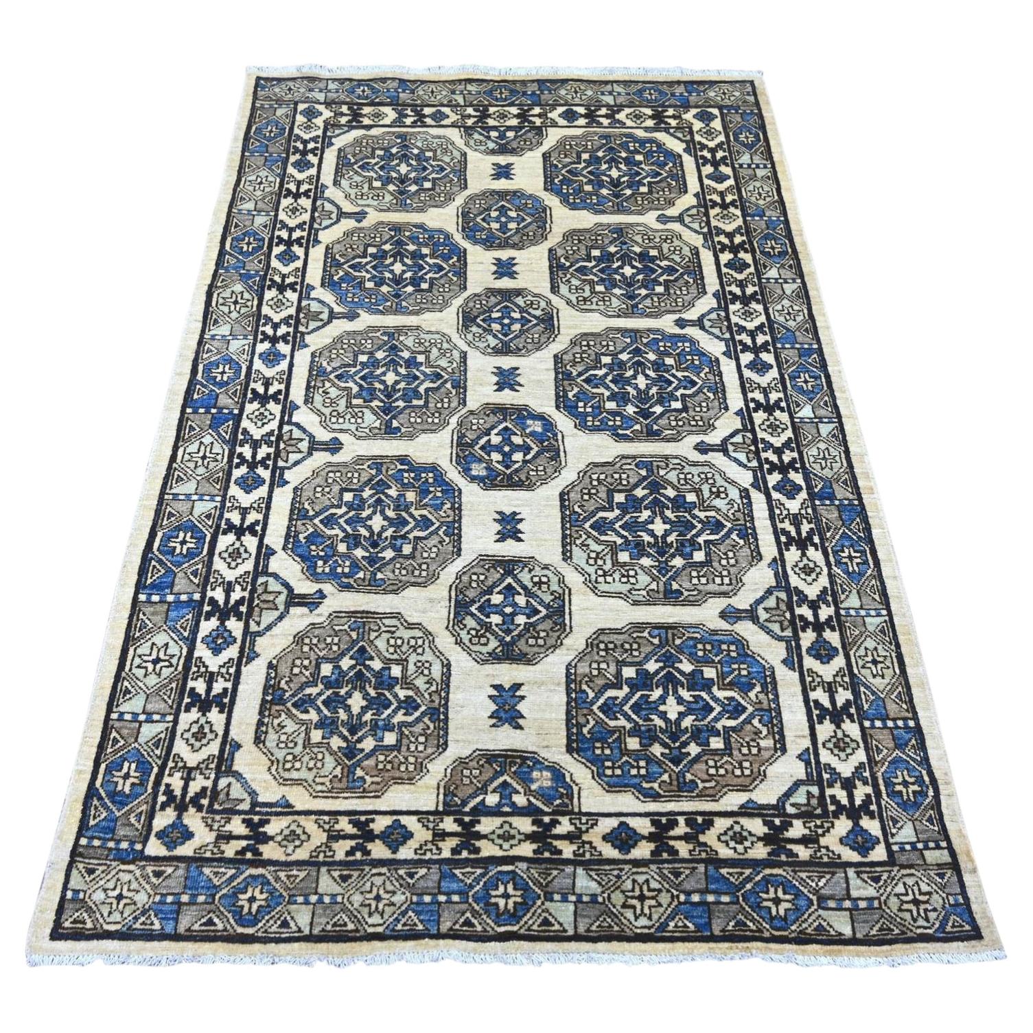 4'x6' Ivory Afghan Ersari with Elephant Feet Design Hand Knotted Wool Rug For Sale