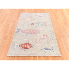 4'x6' Ivory Afghan Peshawar with Oceanic Fish Design Hand Knotted Wool Rug