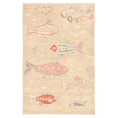 4'x6' Ivory Afghan Peshawar with Oceanic Fish Design Hand Knotted Wool Rug