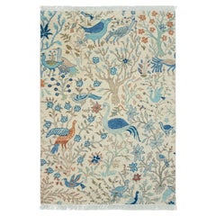 Tappeto di lana annodato a mano 4x6 avorio con uccelli colorati ( JC -13649 )