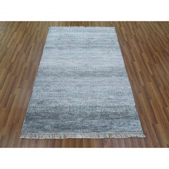 4'x6' Ivory, Hand Knotted Modern Grass Design, Gabbeh Wool and Silk Rug
