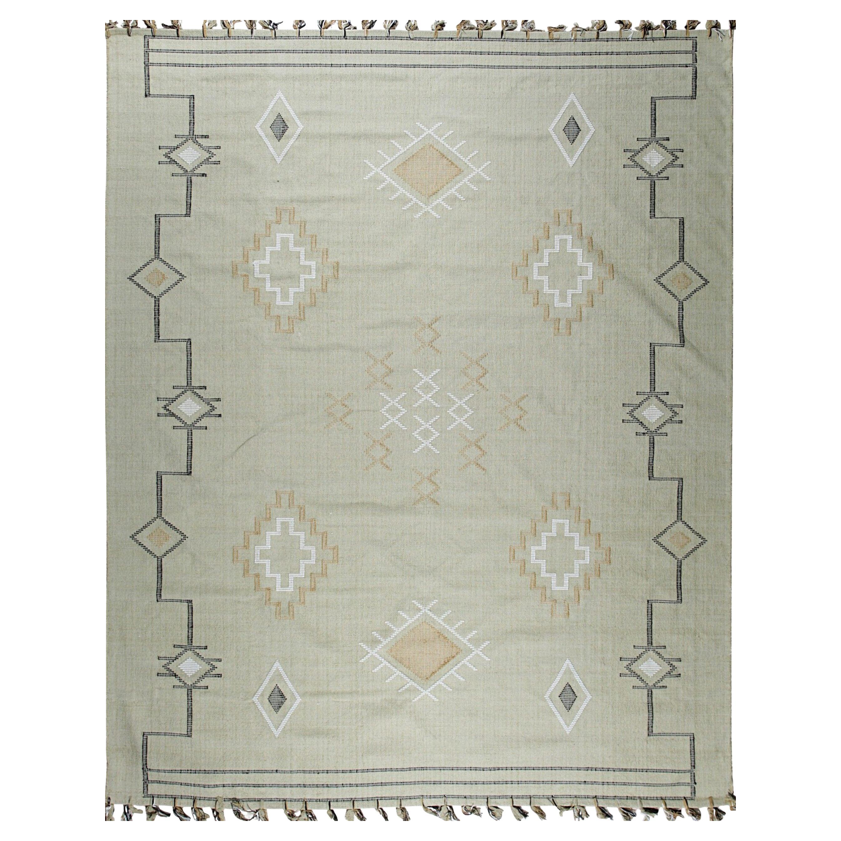 4x6 Ivory Hand-Knotted Wool Diamond Bordered Field Geometric Modern Carpet Rug
