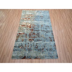 4'x6' Light Blue & Rust Abstract Design Hand Knotted Pure Wool Oriental Rug