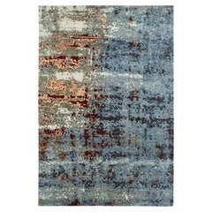4'x6' Light Blue & Rust Abstract Design Hand Knotted Pure Wool Oriental Rug