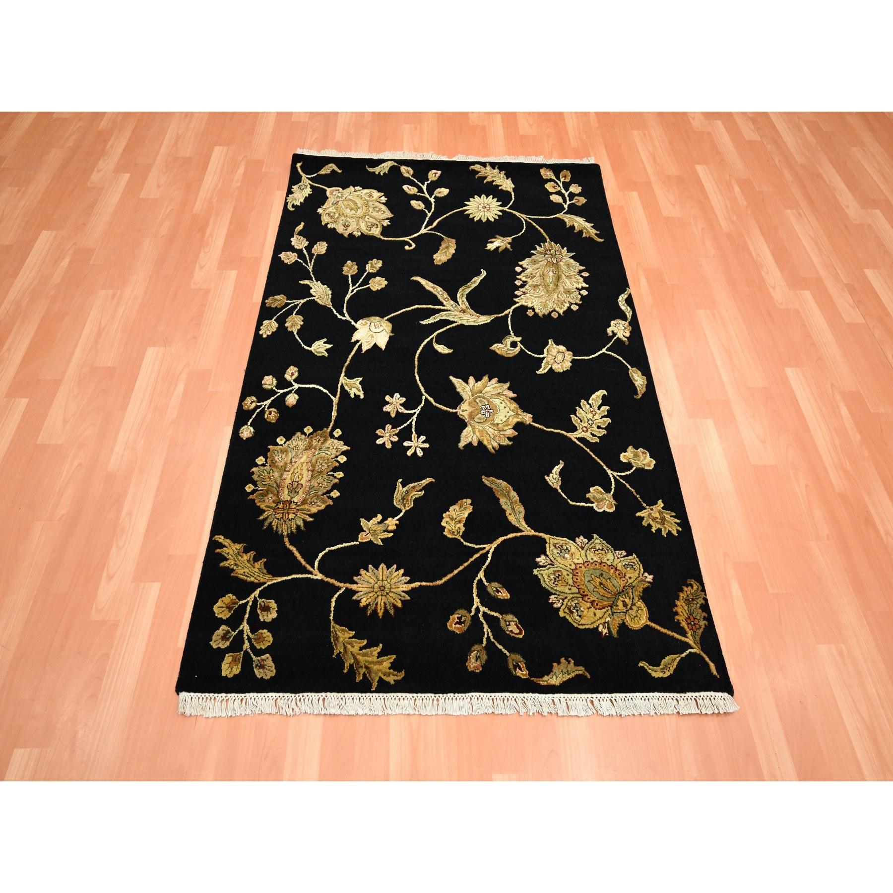 Midnight Black, Borderless Botanical Design, Half Wool and Half Silk, Densely Woven, Soft Pile, Hand Knotted, Oriental Rug
Primary materials: Wool & Silk
Latex: No Pile 
height: 0.25 Inches
Style: Traditional
Primary color: Black
Secondary colors:
