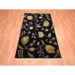 4'x6' Midnight Black Botanical Design Wool and Silk Hand Knotted Rug