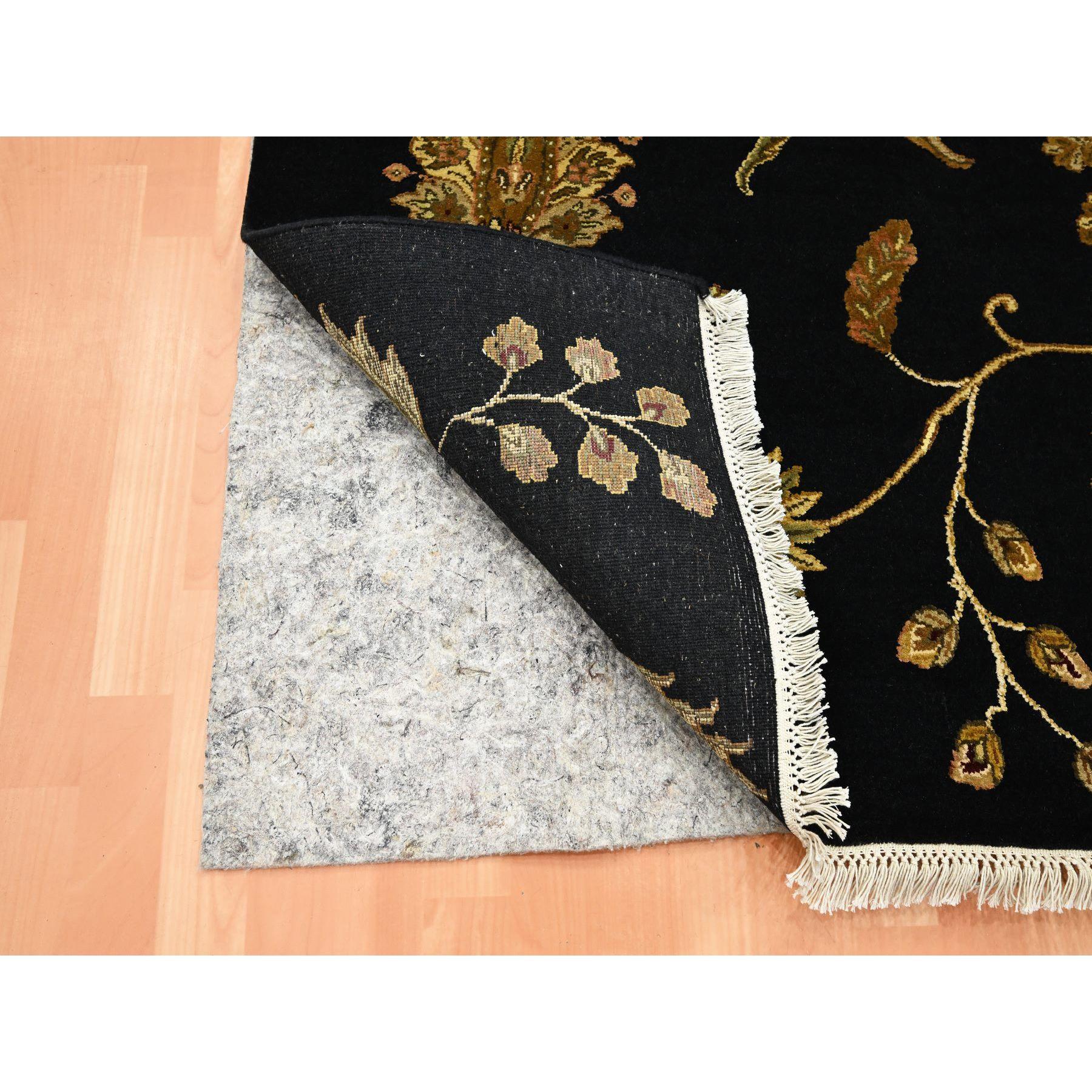 Indian 4'x6' Midnight Black Botanical Design Wool and Silk Hand Knotted Rug For Sale