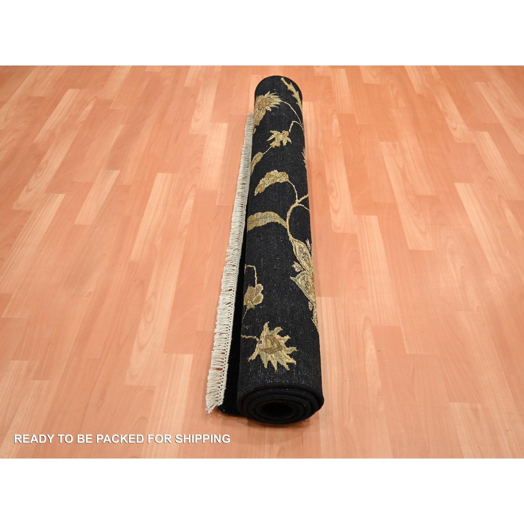 4'x6' Midnight Black Botanical Design Wool and Silk Hand Knotted Rug In New Condition For Sale In Carlstadt, NJ