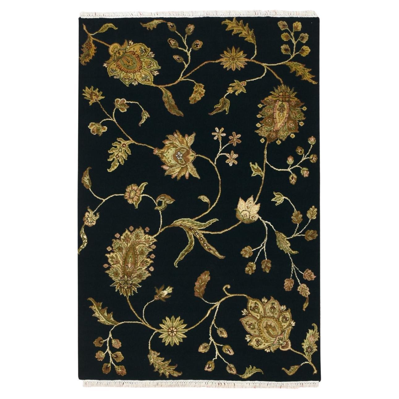 4'x6' Midnight Black Botanical Design Wool and Silk Hand Knotted Rug For Sale