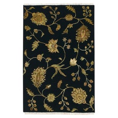 4'x6' Midnight Black Botanical Design Wool and Silk Hand Knotted Rug