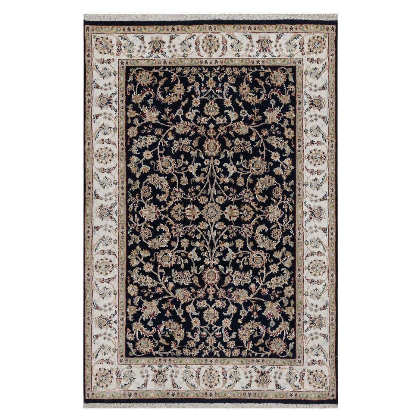 4'x6' Mitternachtsblau Nain mit Blumenmuster Handgeknüpfter Teppich aus Wolle und Seide