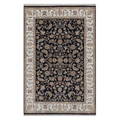 4'x6' Mitternachtsblau Nain mit Blumenmuster Handgeknüpfter Teppich aus Wolle und Seide
