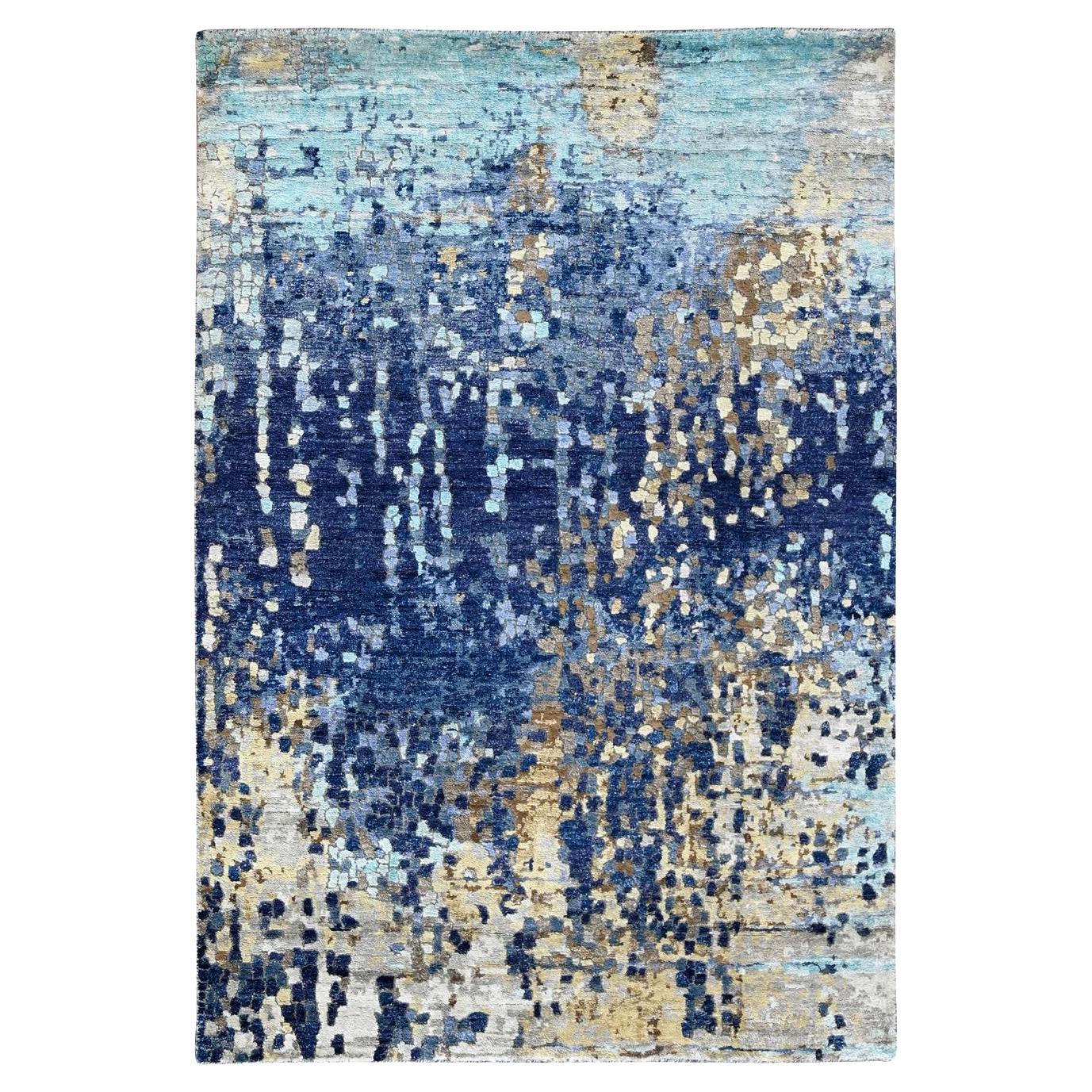 Tapis bleu du millénaire noué à la main, design mosaïque moderne, 4'x6'