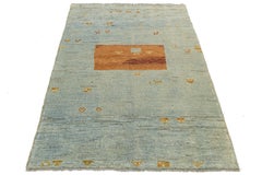 4x6 Modern Hand-Knotted Gabbeh Wool Rug – Vibrant Blue & Sunset Orange Tribal