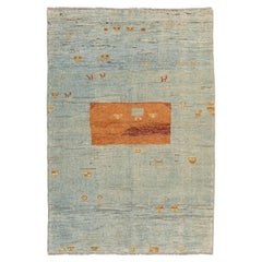 4x6 Modern Hand-Knotted Gabbeh Wool Rug – Vibrant Blue & Sunset Orange Tribal