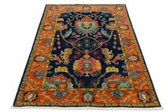 Tappeto in lana 4x6 in stile Serapi moderno, annodato a mano, di colore blu e ruggine