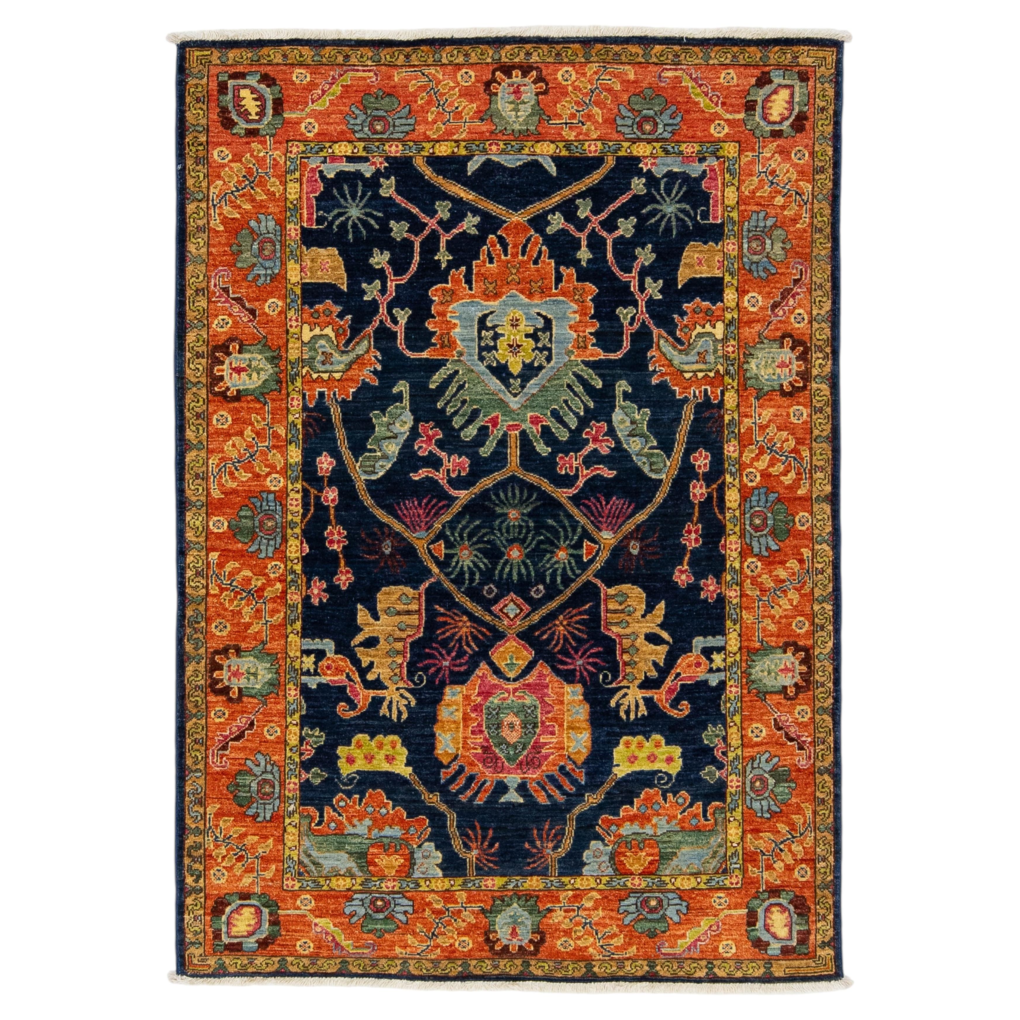 4x6 Modern Serapi Style Hand-Knotted Navy & Rust Wool Rug For Sale