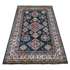 4'x6' Bleu marine Afghan Super Kazak Medallions Design Tapis de laine noué à la main