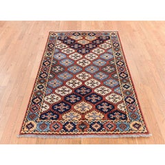 4'x6' Orange Afghan Ersari with Repetitive Design Pure Wool Hand Knotted Rug