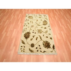 4'x6' Parchment White Botanical Design Half Wool and Half Silk Oriental Rug