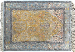 4X6 Persian Esfahan Rug Fine Weave Wool & Silk 107cm x 168cm Rare Birds Yellow
