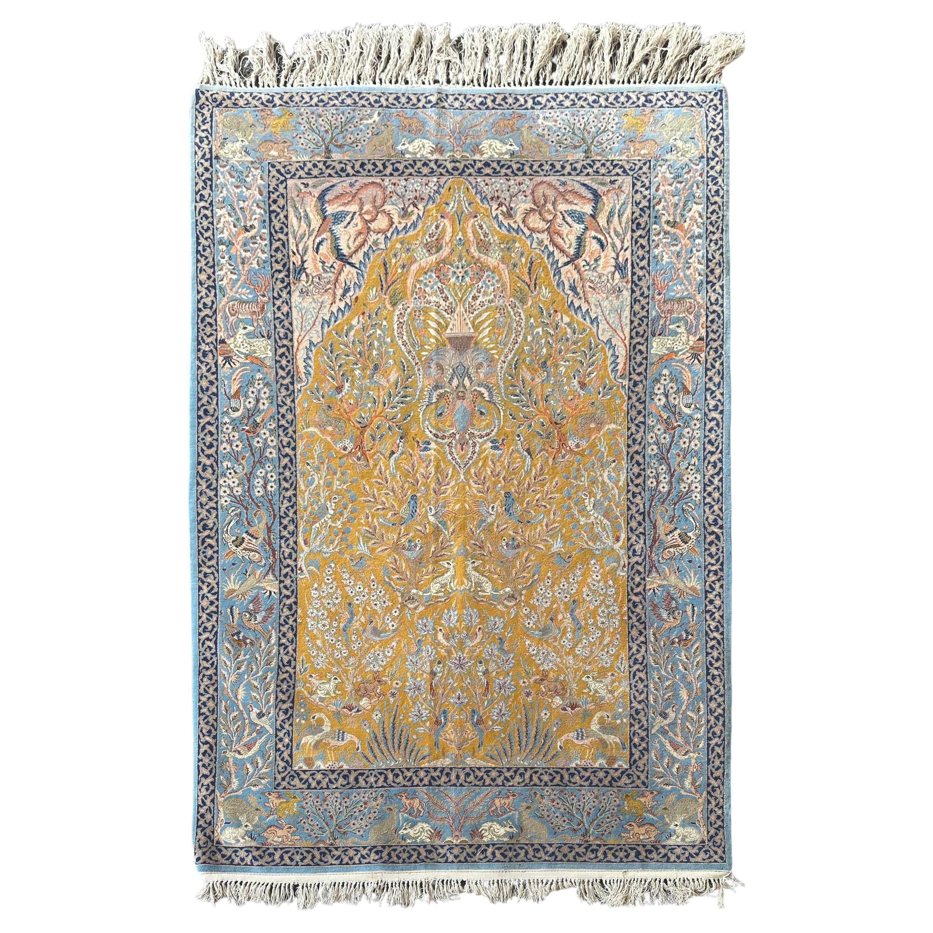 4x6 Fine Wool & Silk Tree of Life Rug 107x168 cm Rare Birds Yellow Field Design For Sale