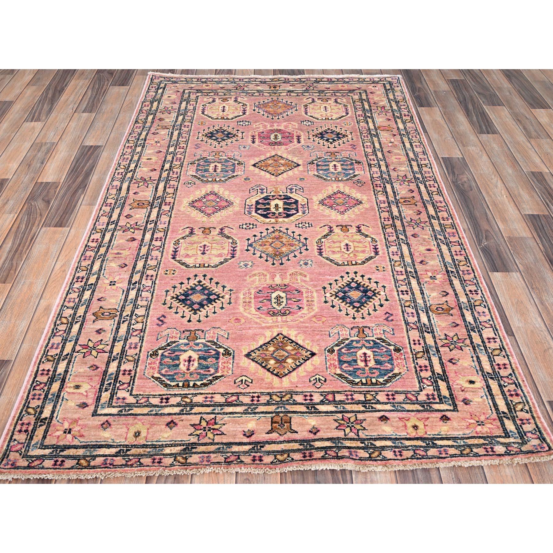 This is a truly genuine one-of-a-kind Blush Pink, Dense Weave Organic Wool, Hand Knotted Afghan Super Kazak with Tribal Geometric Medallions, Vegetable Dyes, Oriental Rug. It has been Knotted for months and months in the centuries-old weaving