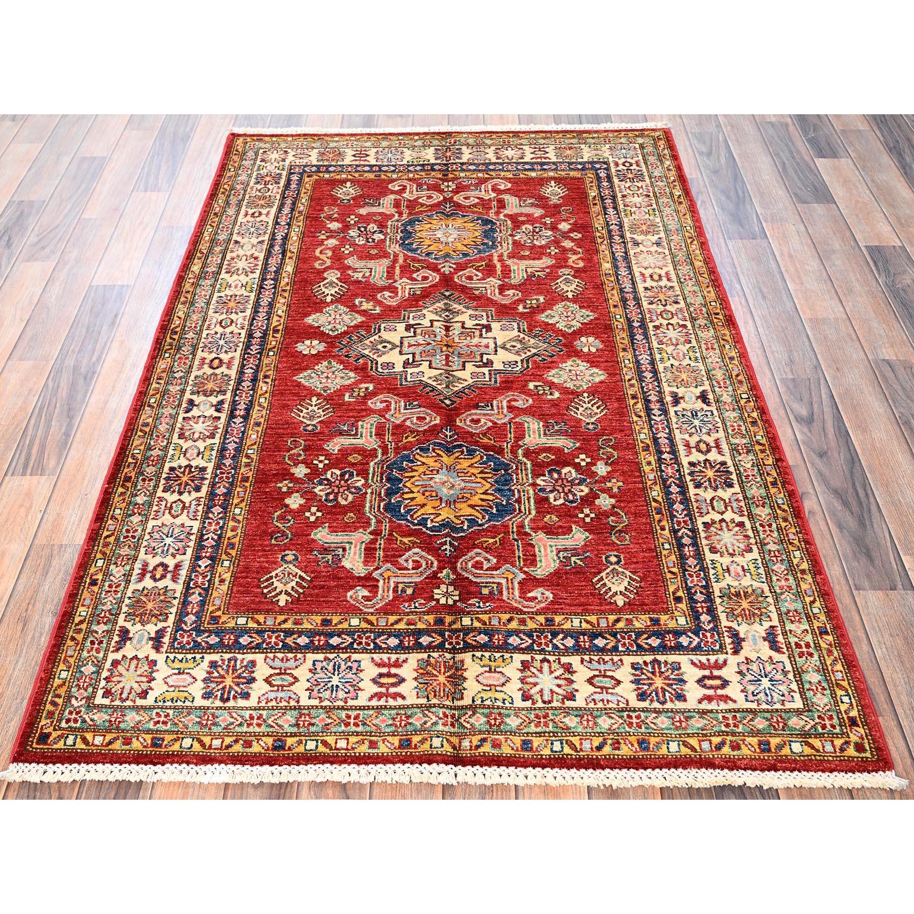 Scarlet Red, Afghan Super Kazak with Geometric Medallions Design, Hand Knotted, Pure Wool, Vegetable Dyes, Oriental Rug
Primary materials: Wool
Latex: No Pile 
height: 0.25 Inches
Style: Traditional
Primary color: Red
Secondary colors: Blue, Green,