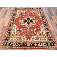 4'x6' Red Hand Knotted Afghan Peshawar with Serapi Heriz Design Wool Rug
