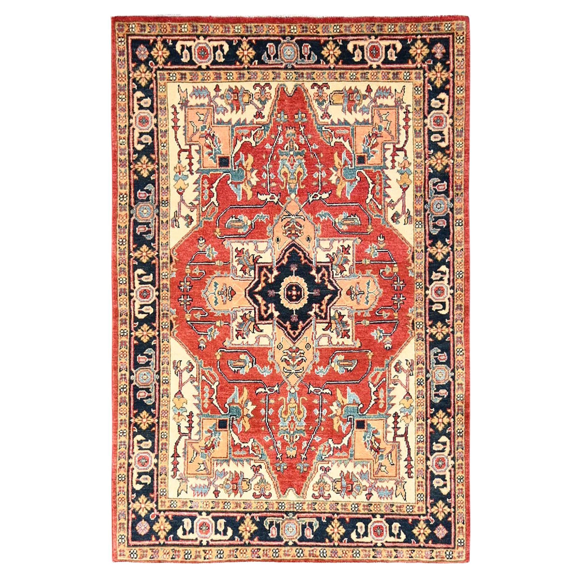 4
x6
Red Hand Knotted Afghan Peshawar with Serapi Heriz Design Wool Rug