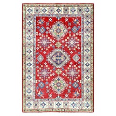 4'x6' Red Kazak with All Over Tribal Motifs Hand Knotted Wool Oriental Rug