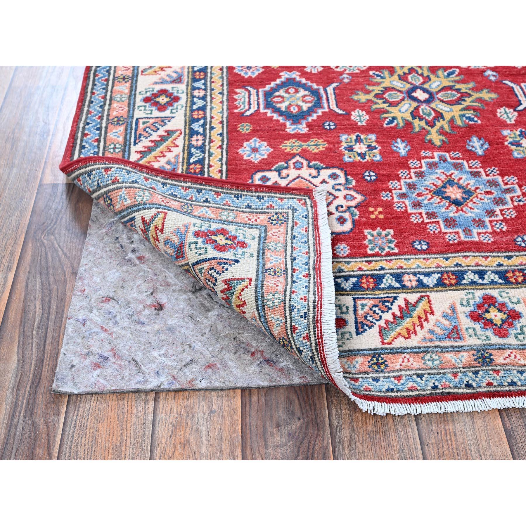 Kazakh 4'x6' Red Kazak with Geometric Medallions Design Soft Wool Hand Knotted Rug en vente