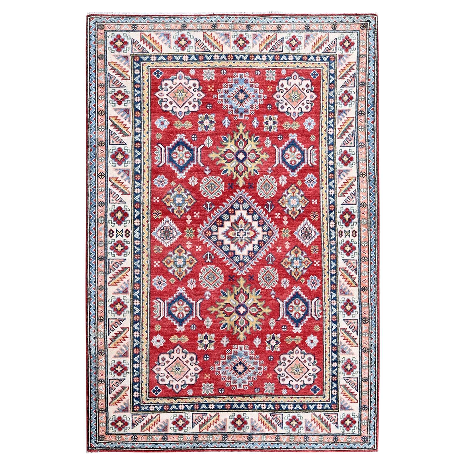 4'x6' Red Kazak with Geometric Medallions Design Soft Wool Hand Knotted Rug