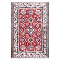 4'x6' Red Kazak with Geometric Medallions Design Soft Wool Hand Knotted Rug