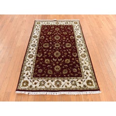 4'x6' Red Thick and Plush Rajasthan with Leaf Design Hand Knotted Wool Rug