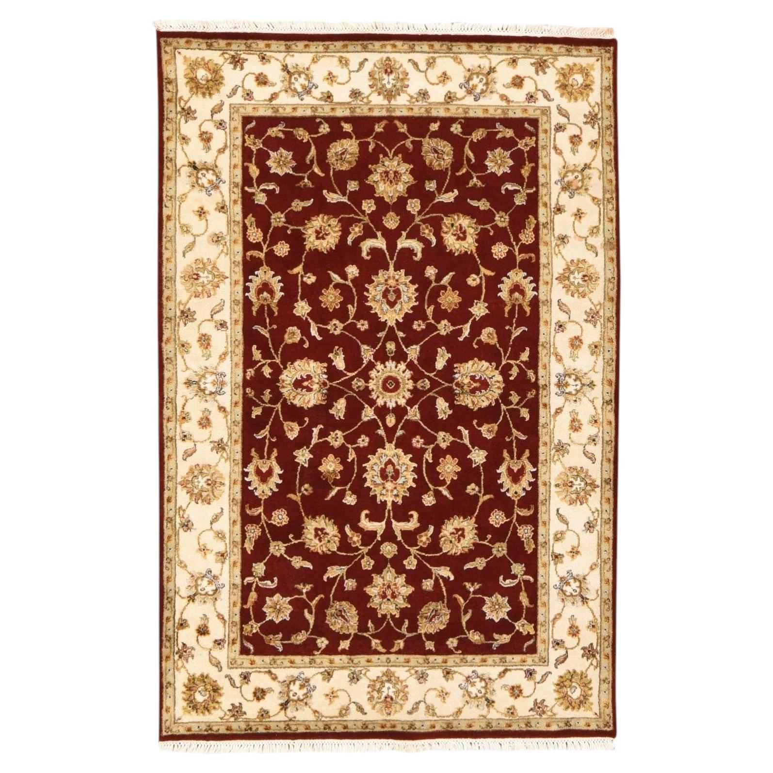 4'x6' Red Thick and Plush Rajasthan with Leaf Design Hand Knotted Wool Rug For Sale
