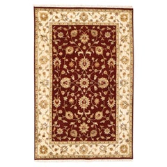 4'x6' Red Thick and Plush Rajasthan with Leaf Design Hand Knotted Wool Rug