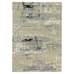 4'x6' Silber, Blau Wolle und Seide Modernes Abstraktes Design Handgeknüpfter Teppich