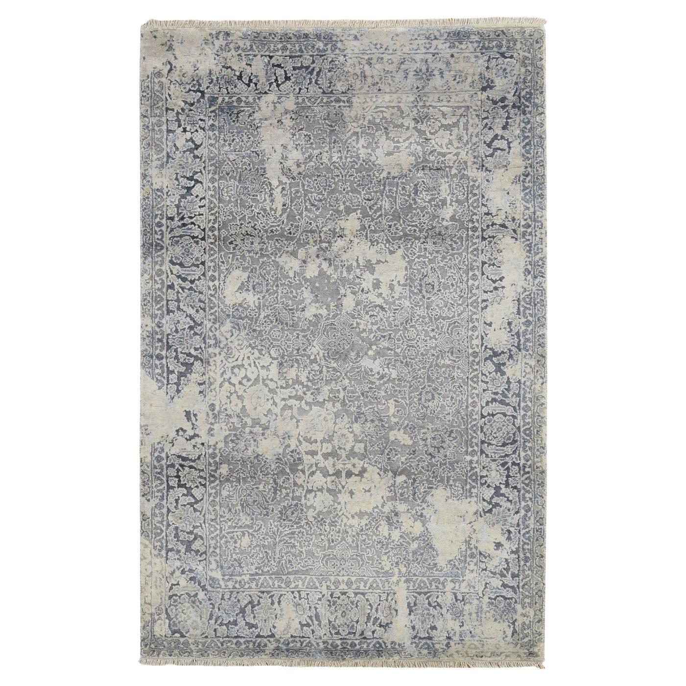 4'x6' Bleu Spruce Pure Soie Broken And Erased Tapis Oriental Persian Design