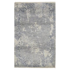 4'x6' Spruce Blue Pure Silk Broken And Erased Persian Design Oriental Rug