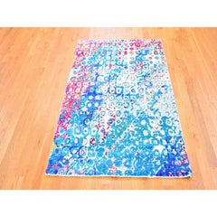 4'x6' THE PEACOCK, Sari Silk Colorful Hand Knotted Oriental Rug