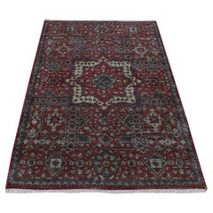 4'x6' Rouge Vermillon Look Vintage Mamluk Worn Wool Tapis noué à la main