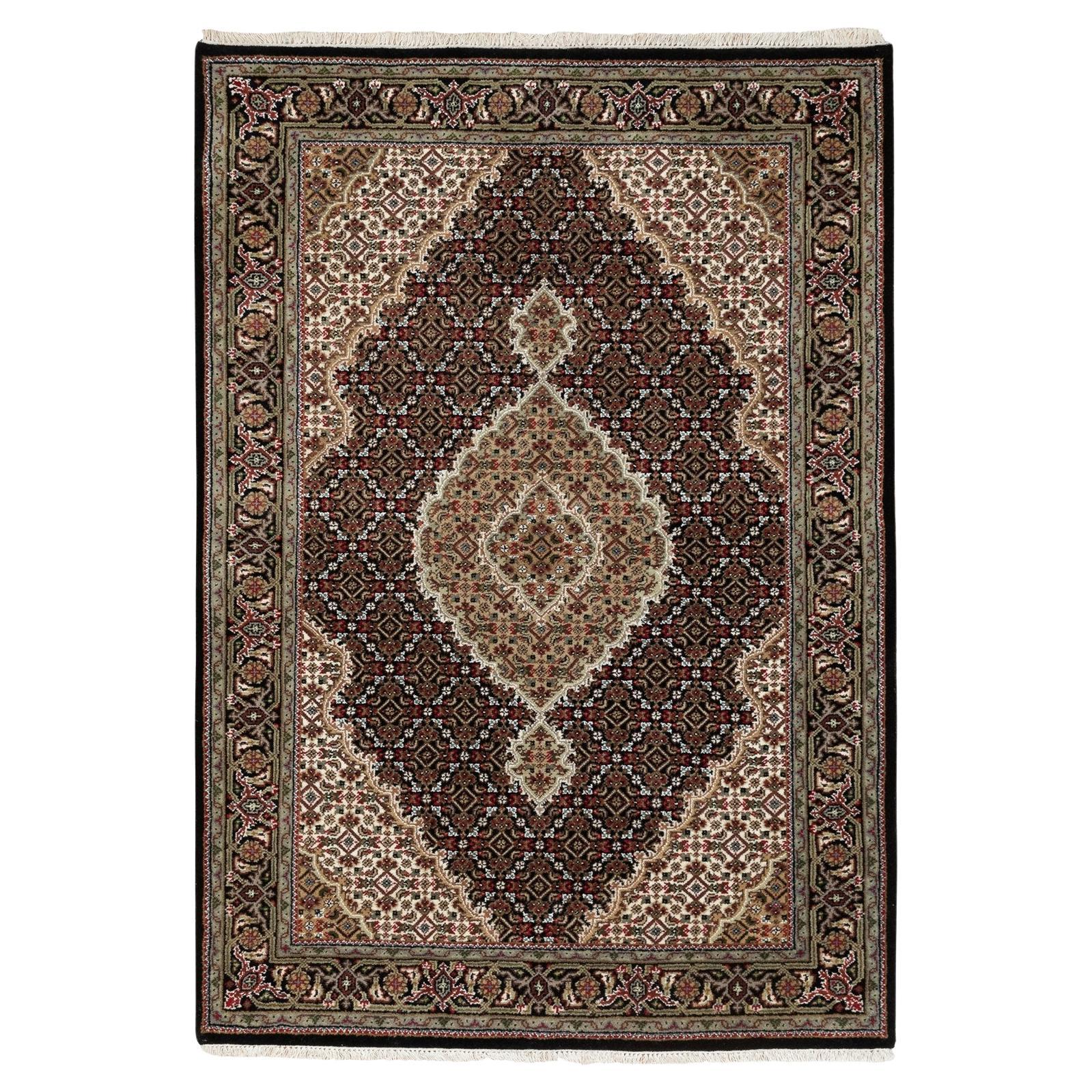 4'x6' Wool Black Hand Knotted Fish Design Tabriz Mahi Oriental Rug